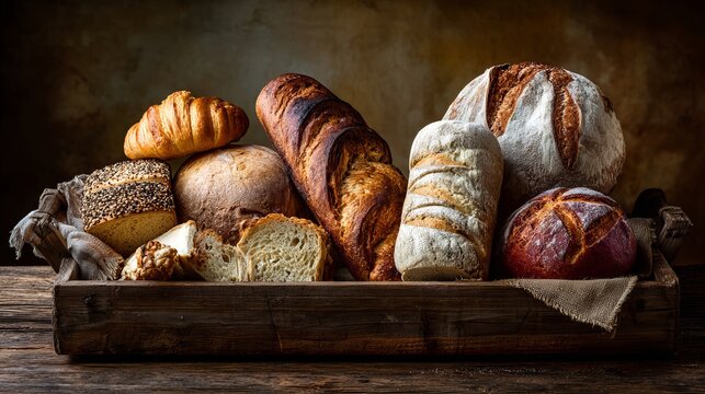 Assortment of fresh baked breads and pastries displayed in a rustic wooden tray on a wooden table