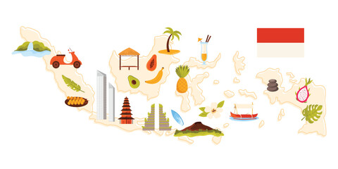 Indonesian culture elements, landmarks and food on Indonesia infographic map. Group of islands with temple and heritage monument, exotic fruit and jukung boat, Gunung Batur cartoon vector illustration