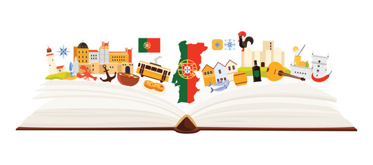Portugal culture and cuisine, Portuguese landmarks and language study in infographic collage with open paper guide book and lighthouse, flag and map, Lisbon tram and palace cartoon vector illustration © Flash Vector