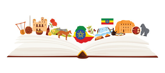 Fototapeta premium An open book showcasing Ethiopian culture through landmarks, cuisine, wildlife, and traditions. Includes the Ethiopian flag, coffee ceremony, historic sites, and natural elements, vector illustration.