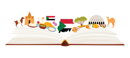 An open book depicting Sudan cultural elements, landmarks, traditional food, and iconic symbols. Represents the nation rich history and heritage, vector illustration