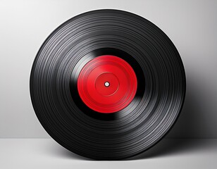 black vinyl record with a red center on format and white background