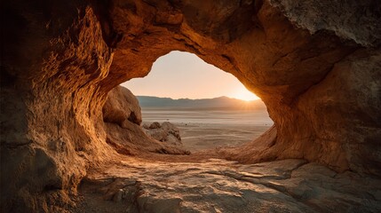View of desert landscape through a natural rock archway at sunset with mountains in the distance