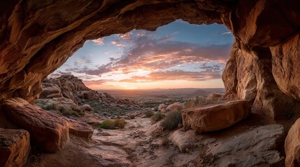View of sunset sky from inside a cave with rocky landscape and desert vegetation in the distance