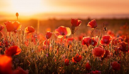 Obraz premium poppies field in sunset blooming flowers macro