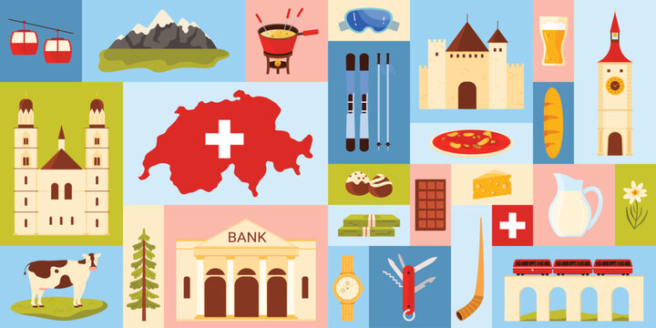 Travel to Switzerland, geometric infographic banner design with Swiss culture and architecture landmarks, national symbols and food. Map with flag, viaduct with train, cow cartoon vector illustration