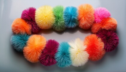 a colorful garland made of fluffy pom poms arranged in a circular pattern