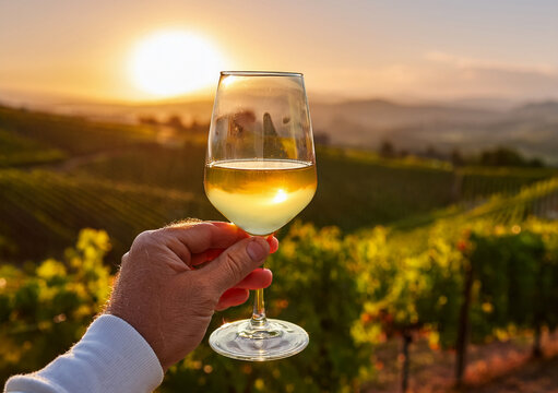 Hand holding a glass of cold white wine with a view of vineyards during golden hour, selective focus.