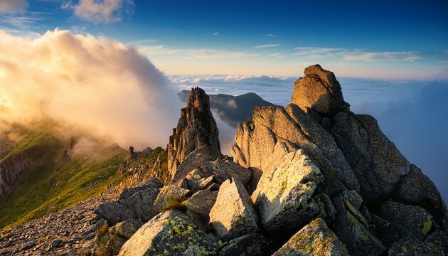 rocks on the top of mountain with clouds in the background