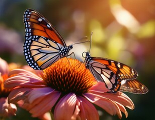 two butterflies with contrasting patterns resting on a blooming flower illuminated by natural light