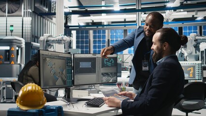 Coworkers team in the plant overseeing solar power production line, showing teamwork in...