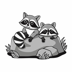 Two Playful Raccoons relaxing on a rock Image Vector Isolated on white background.
