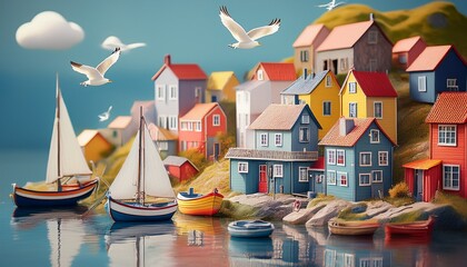idyllic miniature fishing village with colorful houses boats and seagulls