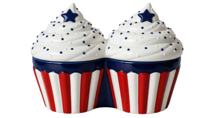 Patriotic cupcake-shaped cookie jar or kitchen storage containers in vibrant red, white, and blue, perfect for Fourth of July celebrations, Memorial Day, or Labor Day. Studio shot on white, ideal for
