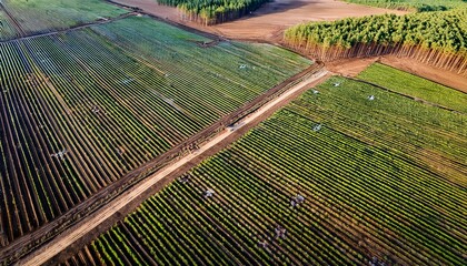 drone captures aerial view of structured tree planting project forming future forest pattern illustrating climate action and landscape restoration for ecosystem recovery