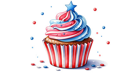 Patriotic watercolor cupcake illustration with vibrant red, white, and blue swirled frosting, topped by a star, and surrounded by colorful sprinkles. Ideal for Fourth of July, Memorial Day