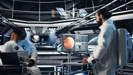 Astronaut looking at planet visualization before stepping out for scheduled operations outside...
