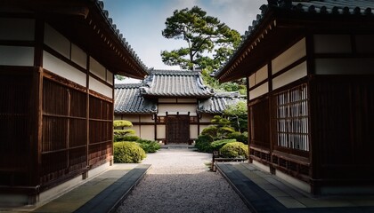 retro analog photography of an old japanese or asian compound with buildings and trees surrounding it beautiful aesthetics professional photography