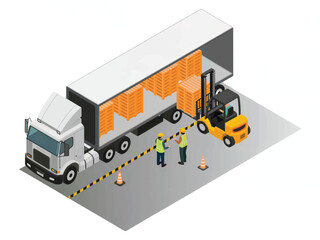 Isometric illustration of truck loading with forklift isolated on transparent background © gfxshakib2023