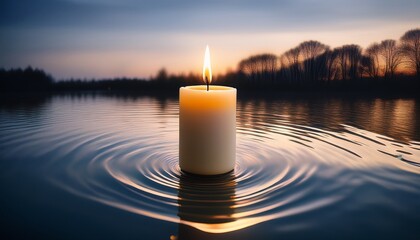 a softly glowing candle floating on rippling water surface