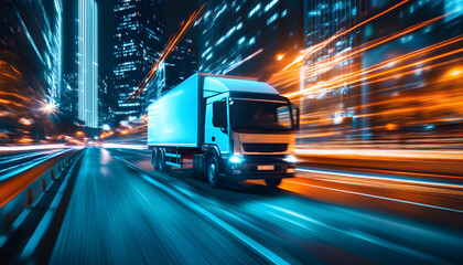 Delivery truck moving fast at night in city. Abstract art with digital grid wireframe style. Logistics, transportation, business, technology concept