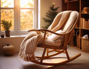 cozy rocking chair with knitted blanket in calm room nostalgia