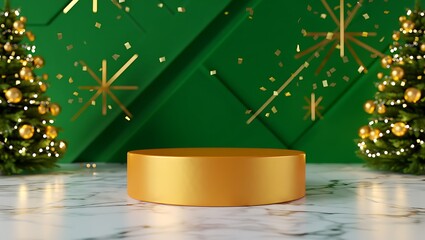 Elegant Gold Christmas Podium Festive Green Background Display