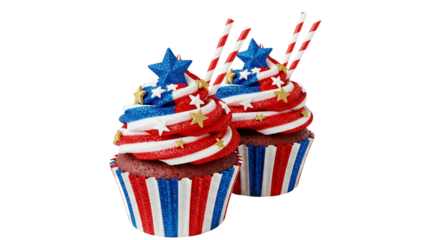 Two festive cupcakes featuring patriotic red, white, and blue frosting with stars and striped wrappers, perfect for American holidays like the Fourth of July, Memorial Day, or Veterans Day