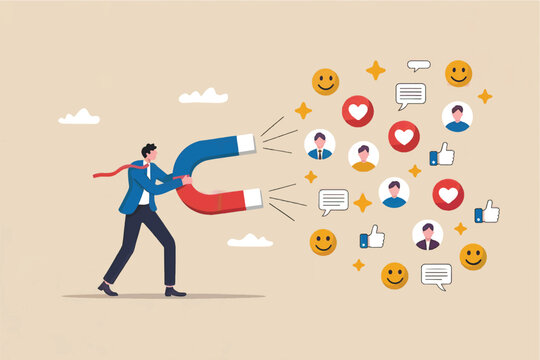 Businessman attracting customers with magnet flat vector illustration isolated on transparent background