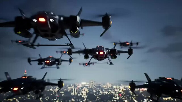 Futuristic drones over cityscape aerial warfare concept