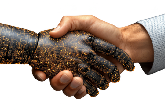 Human Handshaking a Robotic Hand Symbolizing AI Technology Collaboration and Future Innovation, transparent background