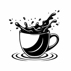 Black and white Splashes In A Coffee Mug On Water Image vector isolated on white background.