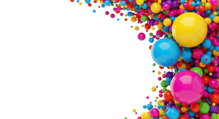 Vibrant abstract background featuring an explosion of colorful glossy spheres and bouncy balls of various sizes, creating a dynamic, playful frame with ample white copy space for festive designs