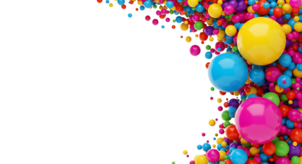 Vibrant abstract background featuring an explosion of colorful glossy spheres and bouncy balls of various sizes, creating a dynamic, playful frame with ample white copy space for festive designs