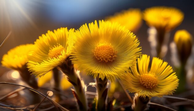 delicate little blooming flowers of tussilago farfara commonly known as coltsfoot in close up