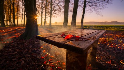 Autumnal Serenity Sunrise Through the Woods, Leaves on Rustic Table