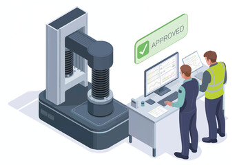 Isometric illustration of industrial testing machine with technicians and approved status isolated on transparent background