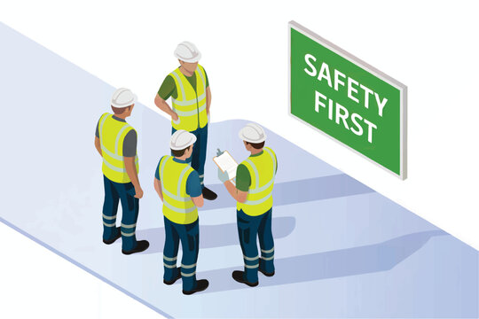 Isometric illustration of construction workers in safety briefing isolated on transparent background