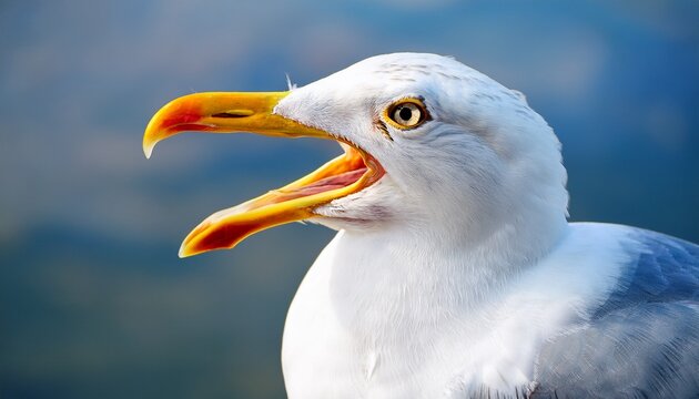 close up portrait of white seagull with wide open yellow beak the larus argentatus or the european herring gull