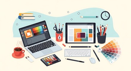 "Creative Workspace – Vector Illustration of Designer Desk with Tools and Laptop"

