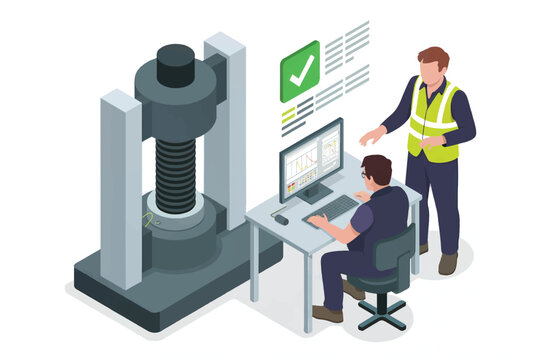 Isometric illustration of material testing machine and technicians isolated on transparent background