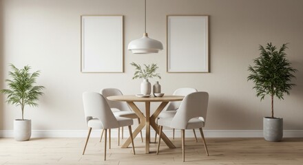 Cozy Dining Ambiance: A stylish dining room interior with a wooden table and chairs, adorned with decorative elements. Picture frames add personalized touch, enhancing the inviting atmosphere. 