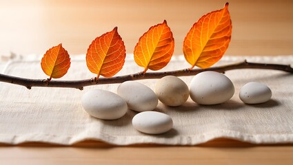 Serene Autumn Branch, Stones, and Leaves in Peaceful Harmony
