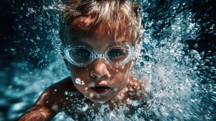 "Exciting Underwater Adventure: Child Wearing Goggles Dives into Pool for Fun Swimming Experience"