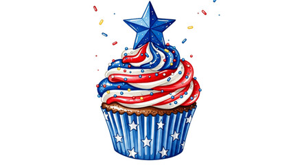 Vibrant patriotic cupcake illustration featuring swirled red, white, and blue frosting, topped with a bold blue star and colorful sprinkles. Perfect for USA national holiday celebrations like Fourth