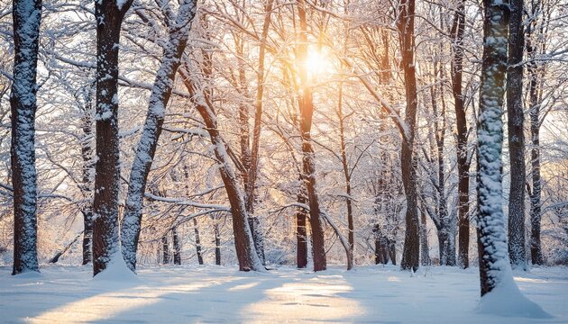 bare tree trunks with thin branches covered with snow empty winter forest with bright sun in cold weather