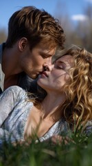 Fototapeta premium International kiss scene: affectionate couple, emotional union, gentle expression, global tradition, tender act, passionate moment, loving exchange, heartfelt bond, symbolic closeness, july occasion