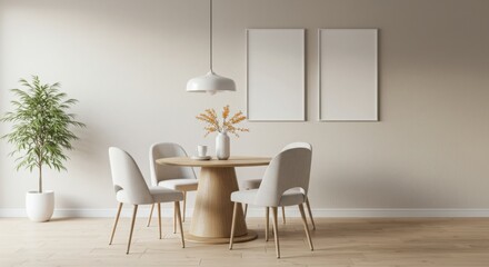 Contemporary Dining Room Interior: A minimalist dining room with an inviting atmosphere, featuring a wooden dining table, stylish chairs, and decorative elements.