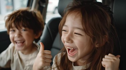 Two cheerful kids sitting in a car, smiling brightly and giving thumbs up, enjoying a joyful moment together during a road trip or family outing - Powered by Adobe