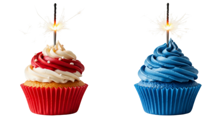 Vibrant red, white, and blue frosted cupcakes, each topped with a dazzling lit sparkler, creating a festive atmosphere. Isolated on white, these sweet baked goods are ideal for Fourth of July